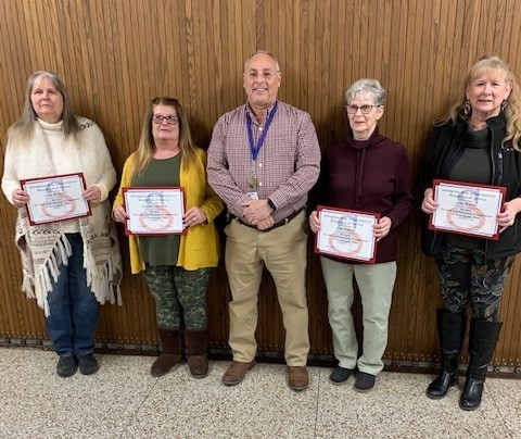 Weikel bus drivers were recognized by the school board for continuous years of service with our district. L-R Vicky Bickhart (30), Cerene Dubaskas (25), Mark Wolfberg SASD Transportation Coordinator, Pam Knouse (35), and Lisa Weikel (25).