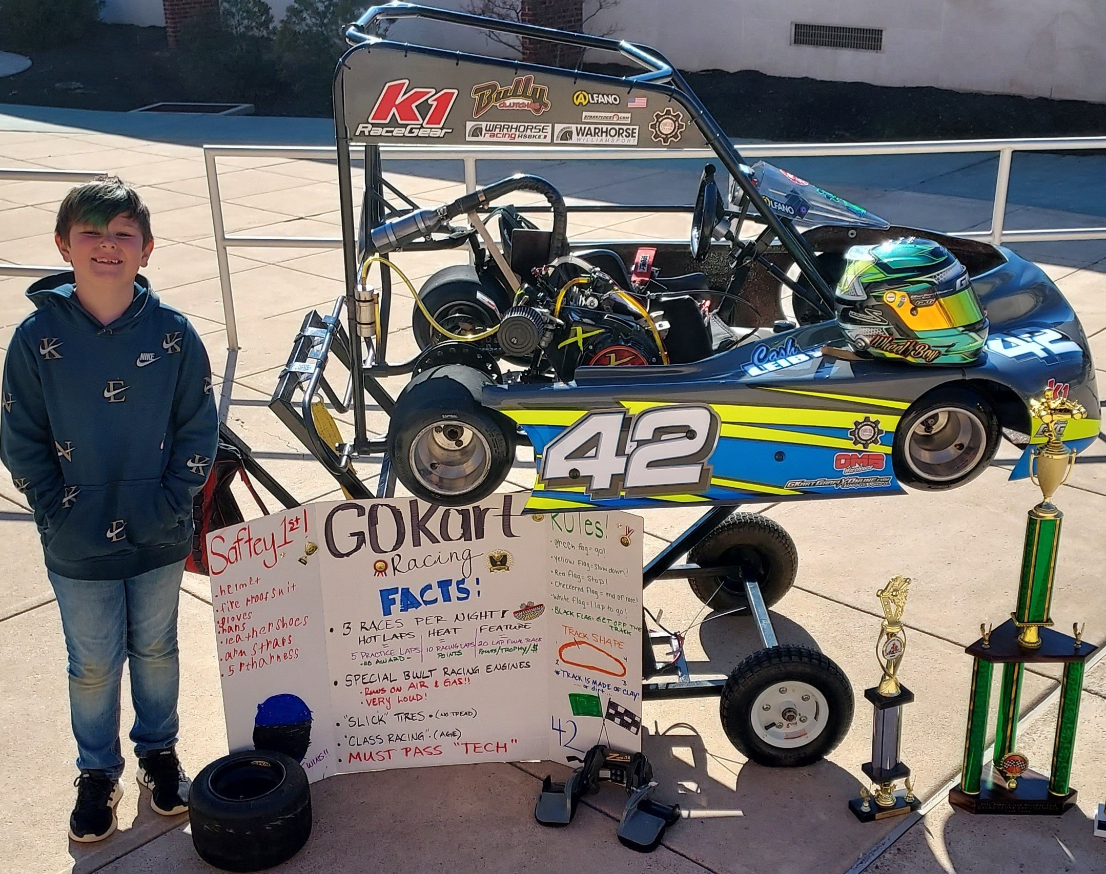 Cash Leiby, 2nd grade, stands by his go kart.  Cash presented to Ms. Burdett’s class to teach them about go kart safety.